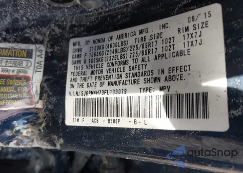 2015 Honda Cr-V Ex-L из США, поврежденный, VIN 5J6RM4H73FL133079